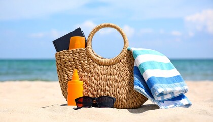 
Enjoy your vacation with this beach bag containing a book, sunscreen, and a striped towel, set on a sandy beach. Perfect for travel and summer-themed ads.