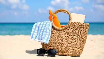 
Enjoy your vacation with this beach bag containing a book, sunscreen, and a striped towel, set on a sandy beach. Perfect for travel and summer-themed ads.