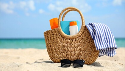 
Enjoy your vacation with this beach bag containing a book, sunscreen, and a striped towel, set on a sandy beach. Perfect for travel and summer-themed ads.