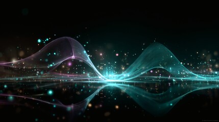 Abstract luminous neon digital wave with radiant turquoise and violet gradient, holographic glowing mesh, futuristic immersive visualization, AI quantum particles, sci-fi cyberpunk spectrum, 