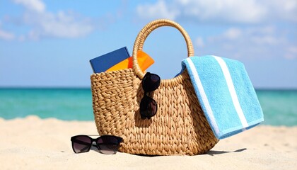 
Enjoy your vacation with this beach bag containing a book, sunscreen, and a striped towel, set on a sandy beach. Perfect for travel and summer-themed ads.