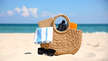 
Enjoy your vacation with this beach bag containing a book, sunscreen, and a striped towel, set on a sandy beach. Perfect for travel and summer-themed ads.