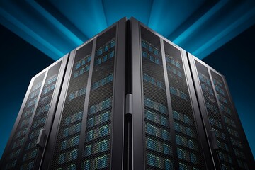 Towering server racks hum with digital power, creating a dynamic data center environment focused on innovation and connectivity