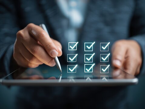 Online survey and checklist assessment, Digital questionnaire, Businessman use tablet to complete a digital form, making evaluation and selecting correct answers marked with check marks.
