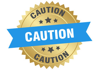 caution. caution round blue and gold label isolated on transparent background