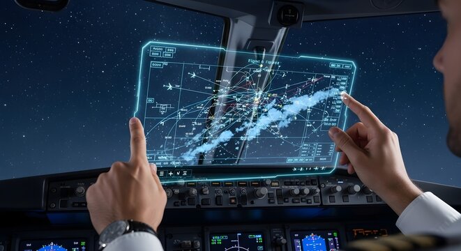 Pilot's hands interacting with a digital flight display showing air traffic control data against a starry night sky - Powered by Adobe