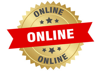 online. online round red and gold label isolated on transparent background