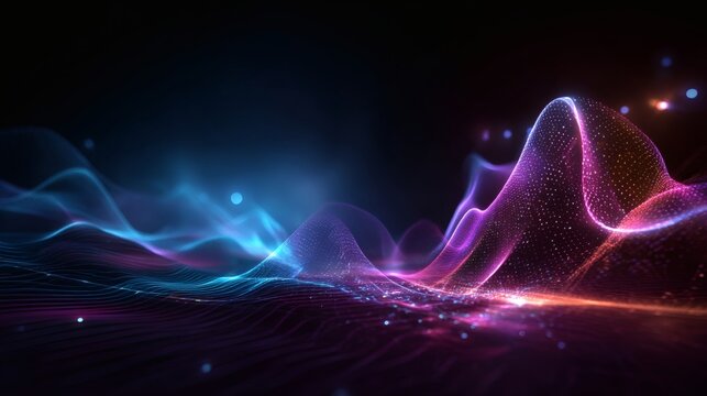 Abstract holographic luminous wave mesh with radiant blue and magenta gradient, futuristic glowing spectrum, immersive neon visualization, AI data hologram, sci-fi digital flow, smooth luminous 