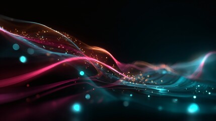 Abstract glowing wave mesh with holographic crimson red and cyan spectrum, futuristic neon gradient, AI luminous particles, immersive digital flow, cyberpunk 3D visualization, modern glowing 