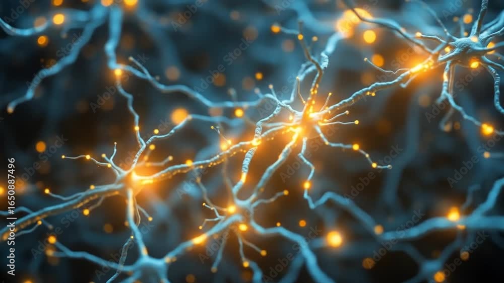 Poster illustration of neural network with glowing synapses and connections visualized