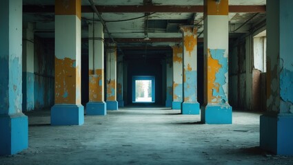 Abandoned building interior with deteriorating walls and large open space, featuring supporting columns and a view of the outside through a central doorway.