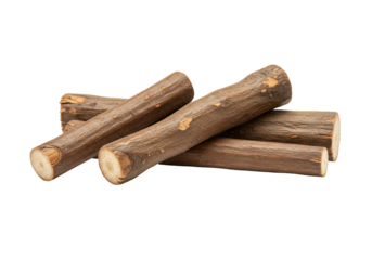 Three brown wooden logs on transparent background rustic texture natural material