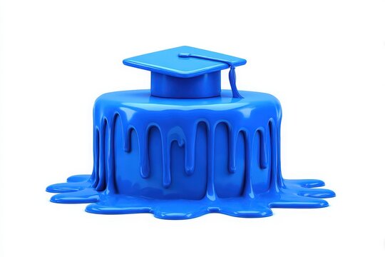 A vibrant blue graduation cap is melting atop a thick, glossy puddle of blue material. The setting suggests a playful blend of celebration and creativity, possibly related to graduation.