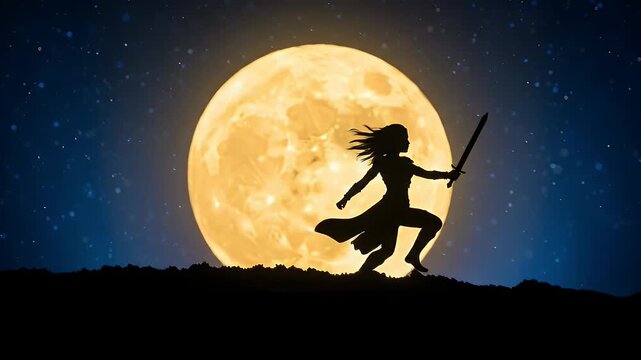 Silhouette of a warrior woman running with a sword against a full moon night sky