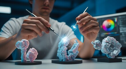 Person's hands manipulating abstract geometric sculptures with digital tools computer screen display