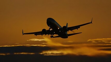 Dramatic silhouette of a passenger plane taking off at sunset against orange sky
