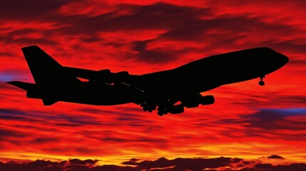 Silhouette of a jumbo jet against a fiery red and orange sunset sky creating a dramatic aviation