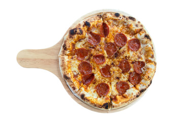 Delicious hot pepperoni pizza on wooden serving board. Freshly baked with melted mozzarella cheese, crispy crust, and savory pepperoni slices. Perfect for Italian cuisine lovers and fast food advertis