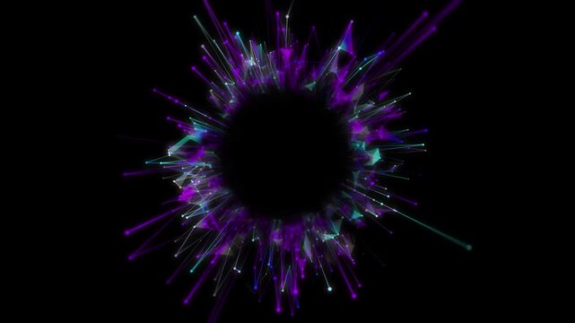 Abstract futuristic motion from color particles connecting lines on dark. Sound wave and audio background. Radial with explosion of bright particles. For science, technology.