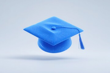 A bright blue graduation cap hovers mid-air, showcasing its smooth surface and neat tassel. The plain backdrop enhances the caps vibrant color, symbolizing achievement and celebration.