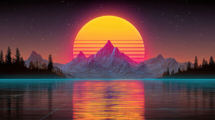 Vibrant sunset over mountain range with reflective lake retro futuristic style, featuring neon