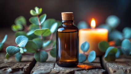 A bottle of essential oil surrounded by eucalyptus leaves and a lit candle on a rustic wooden surface.