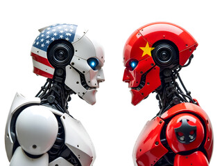 Fototapeta premium Two robots, one with the American flag and another red robot with a Chinese flag, facing each other on a white background