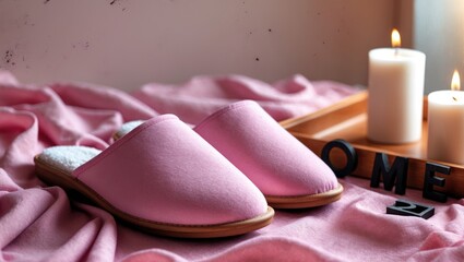 Pink slippers on pink fabric with candles, cozy home atmosphere.