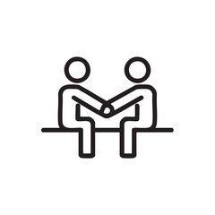 An outline icon of two people sitting and shaking hands.