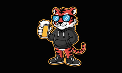 The image depicts a charming tiger in sunglasses and a hoodie holding a beer, casually standing with a friendly smile, representing fun and relaxation.