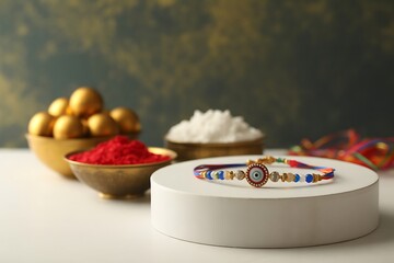 Celebrate cherished sibling bonds with a beautifully crafted Rakhi, symbolizing protection and love, amid traditional festive offerings