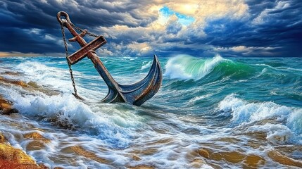 Dramatic sea scene with large anchor, crashing waves, and stormy skies enhancing atmosphere and