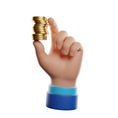 Hand holding stack of gold coins isolated on transparent background
