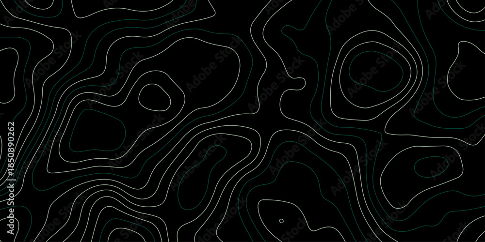 Poster a dark, abstract topographic map or contour line pattern, with thin, contrasting white and green lin