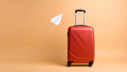 Vibrant red suitcase with an extended handle and wheels, accompanied by a paper airplane. Ideal for travel, vacation, and transport-themed advertising