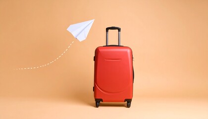 Vibrant red suitcase with an extended handle and wheels, accompanied by a paper airplane. Ideal for travel, vacation, and transport-themed advertising