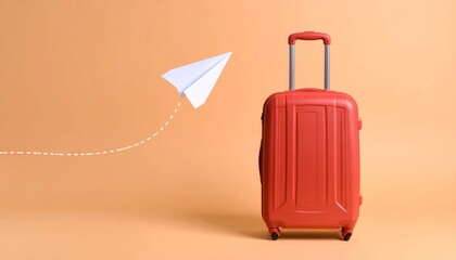 Vibrant red suitcase with an extended handle and wheels, accompanied by a paper airplane. Ideal for travel, vacation, and transport-themed advertising