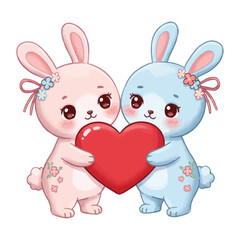 Two Cute Bunnies Holding a Heart - Valentine's Day Illustration