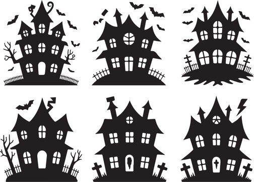 Spooky haunted houses with bats, graves, and lightning.
