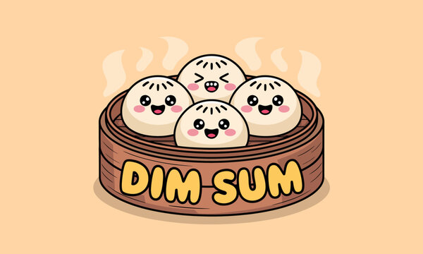 This endearing illustration shows steaming dim sum dumplings in a bamboo steamer, signifying joy and warmth that comes from heartwarming meals and happy gatherings.