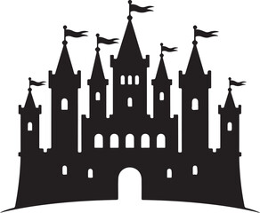 Obraz premium Majestic medieval castle silhouette with flags flying high