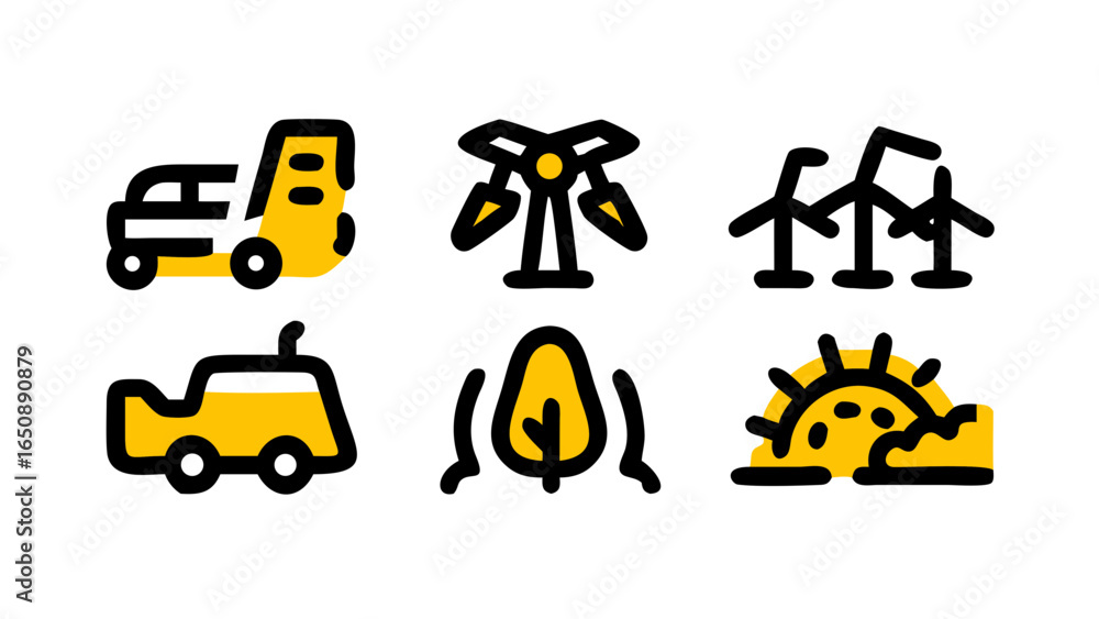 Aufkleber a comprehensive array of yellow and black outline icons presenting key concepts related to renewable