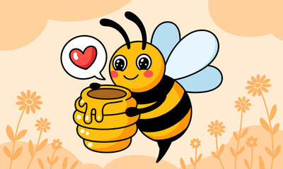 This endearing cartoon bee carries a honey pot with a heart above, set against a floral backdrop, emphasizing the beauty of nature and the joy of honey.