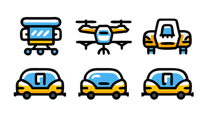 Fototapeta premium A versatile set of detailed modern transportation and delivery vehicle icons, including a drone, truck, and passenger automobiles