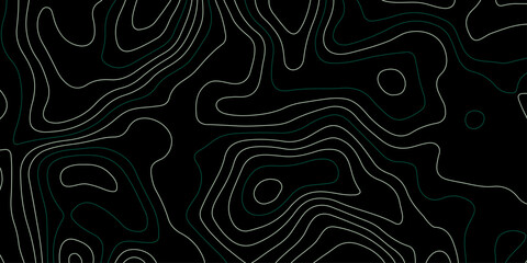 A dark, abstract topographic map or contour line pattern, with thin, contrasting white and green lines forming a complex, undulating design against a solid black background.