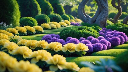 Colorful flower garden with yellow and purple flowers, lush green bushes, and a twisting tree trunk.
