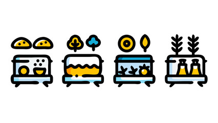A vibrant collection of colorful line art icons depicting diverse modern cooking methods and unique food preparation concepts.