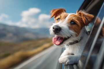 A playful dog sticks its head out of a car window, smiling with its tongue out while enjoying a sunny day. The landscape features rolling hills and a clear blue sky, creating a joyful atmosphere.