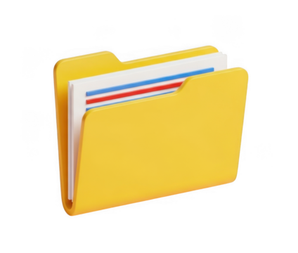 Yellow file folder with documents isolated on transparent background