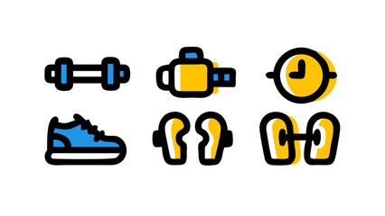 Fototapeta premium A colorful set of essential gym equipment and fitness accessories shown as simple outline vector icons for active lifestyle.